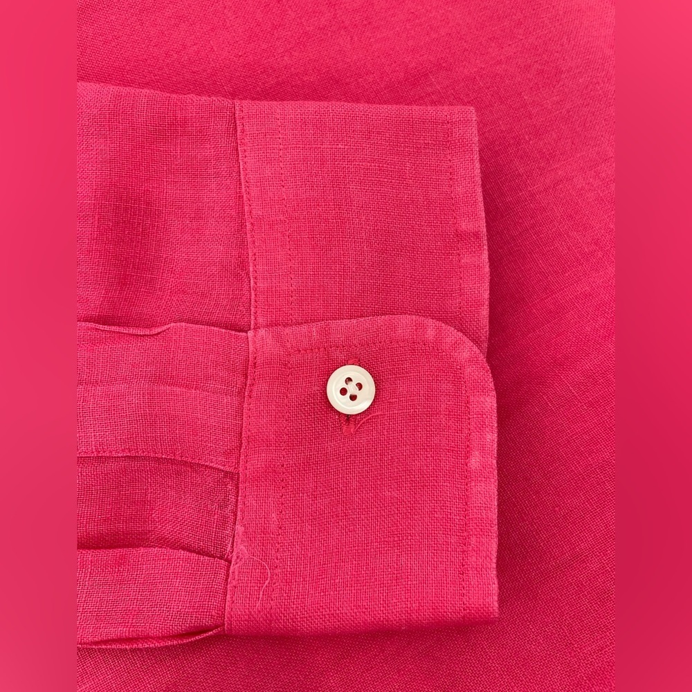 Ralph Lauren Custom Fit 100% Linen Pink Button Down Shirt XL Blue Pony - Picture 11 of 11